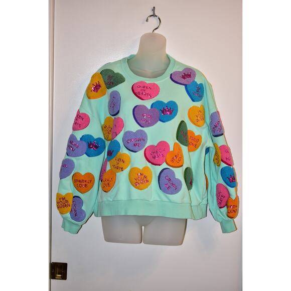 Queen Of Sparkles Small Candy Hearts Fuzzy Sweater Valentine's Day Sequin Rare - Picture 1 of 12